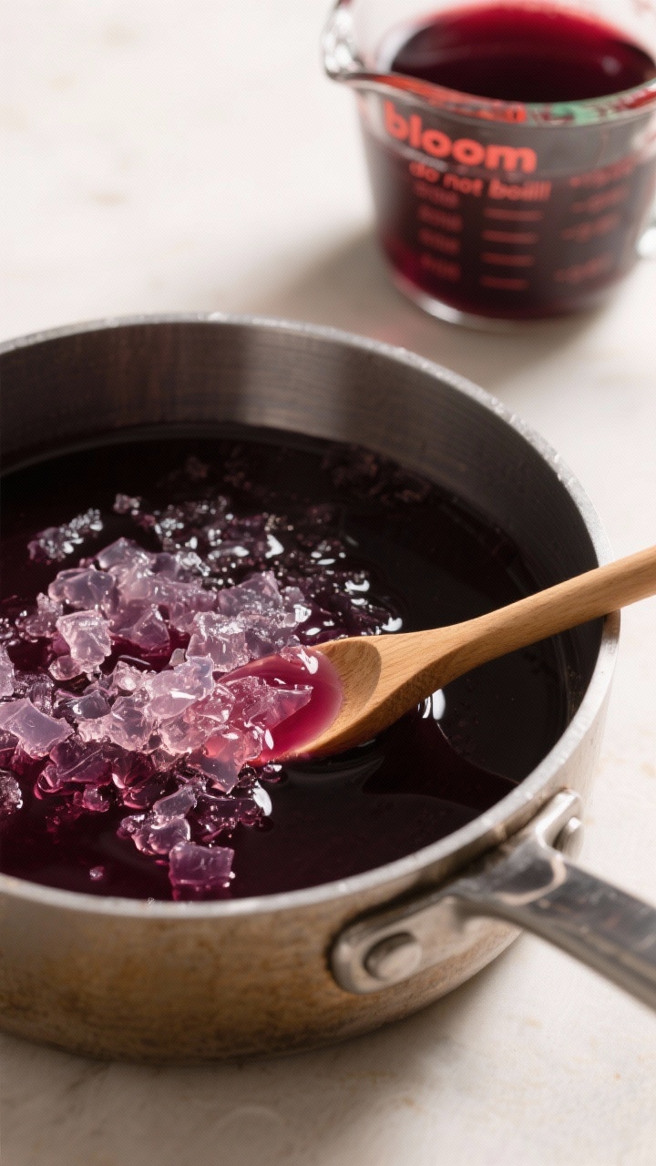 Cooking process: The gelatin-blooming stage shown in a medium saucepan off-heat—one cup of deep gr