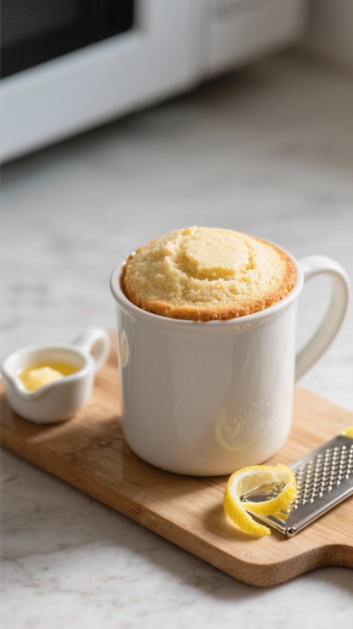 Cooking process: The keto lemon mug cake batter right after microwaving, resting for 45 seconds in a