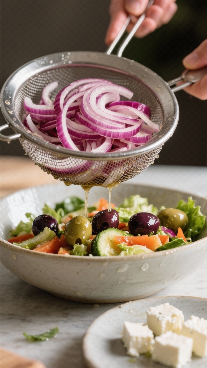 Cooking process: The optional step of taming the onion’s bite shown as prepared and ready—thinly