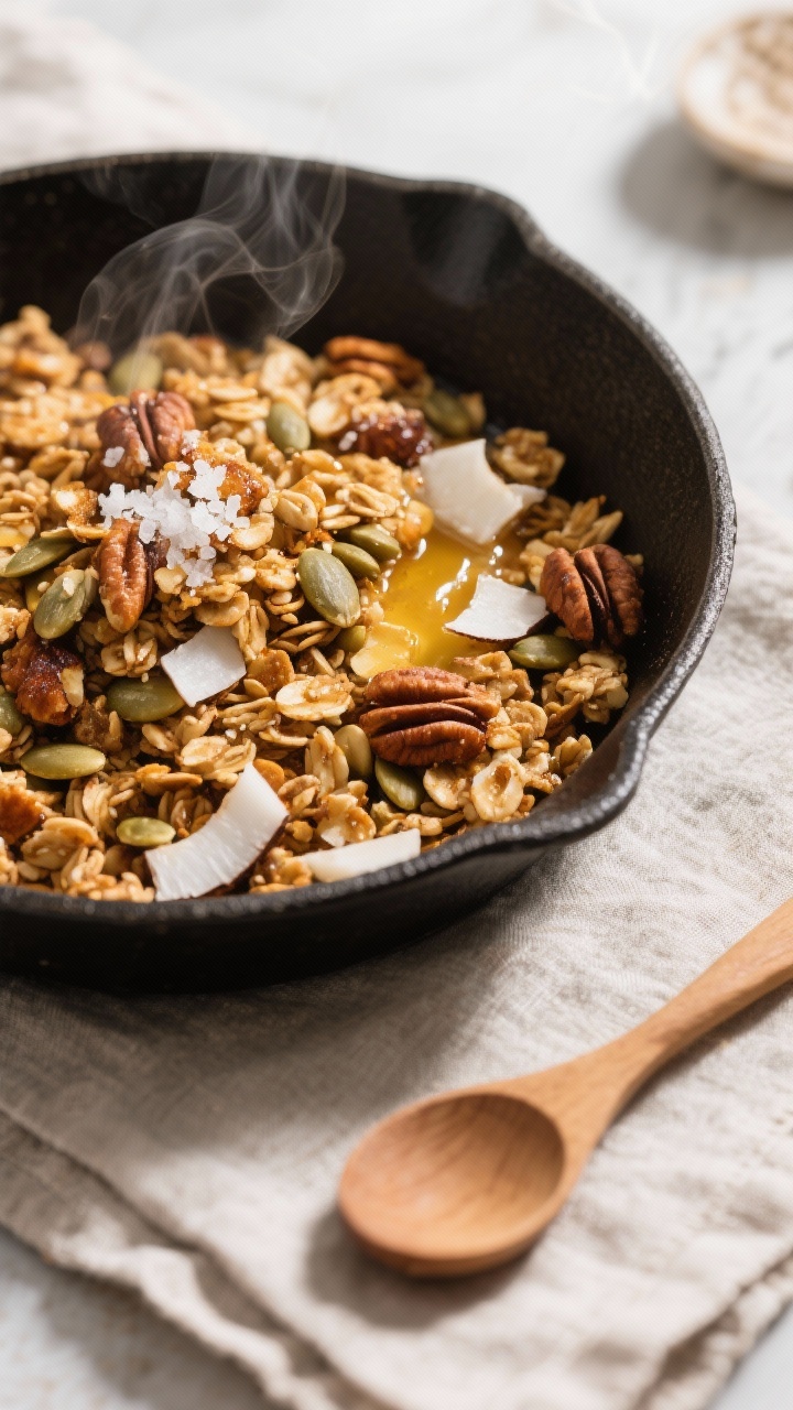 Cooking process: The quick stovetop keto “granola” just finished toasting in a small skillet—g