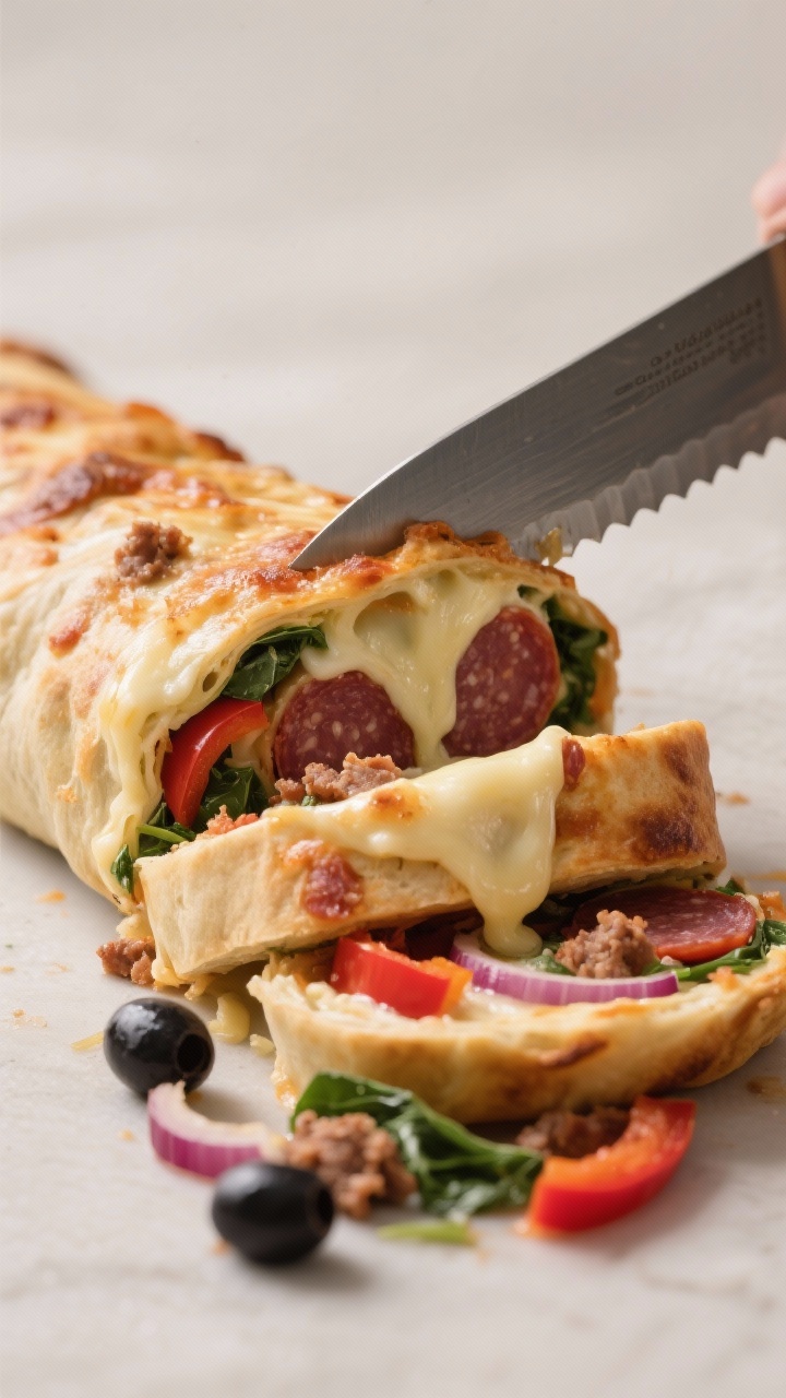 Cooking process: The rolled stromboli being sliced after a 10-minute rest, thick slices revealing di