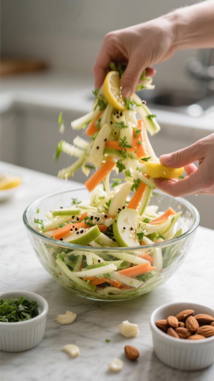 Cooking process: The salad being tossed in a large glass mixing bowl—prepared julienned kohlrabi, 
