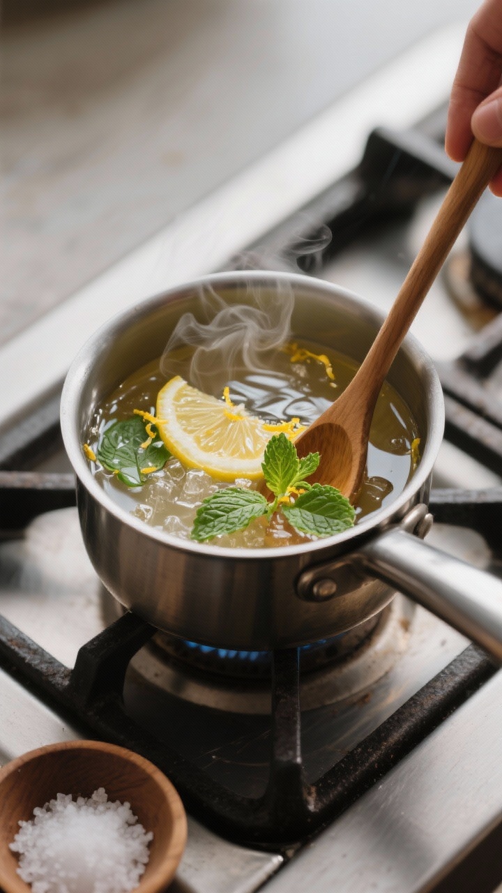 Cooking process: The sweetener syrup being stirred in a small saucepan—clear, glossy syrup swirlin