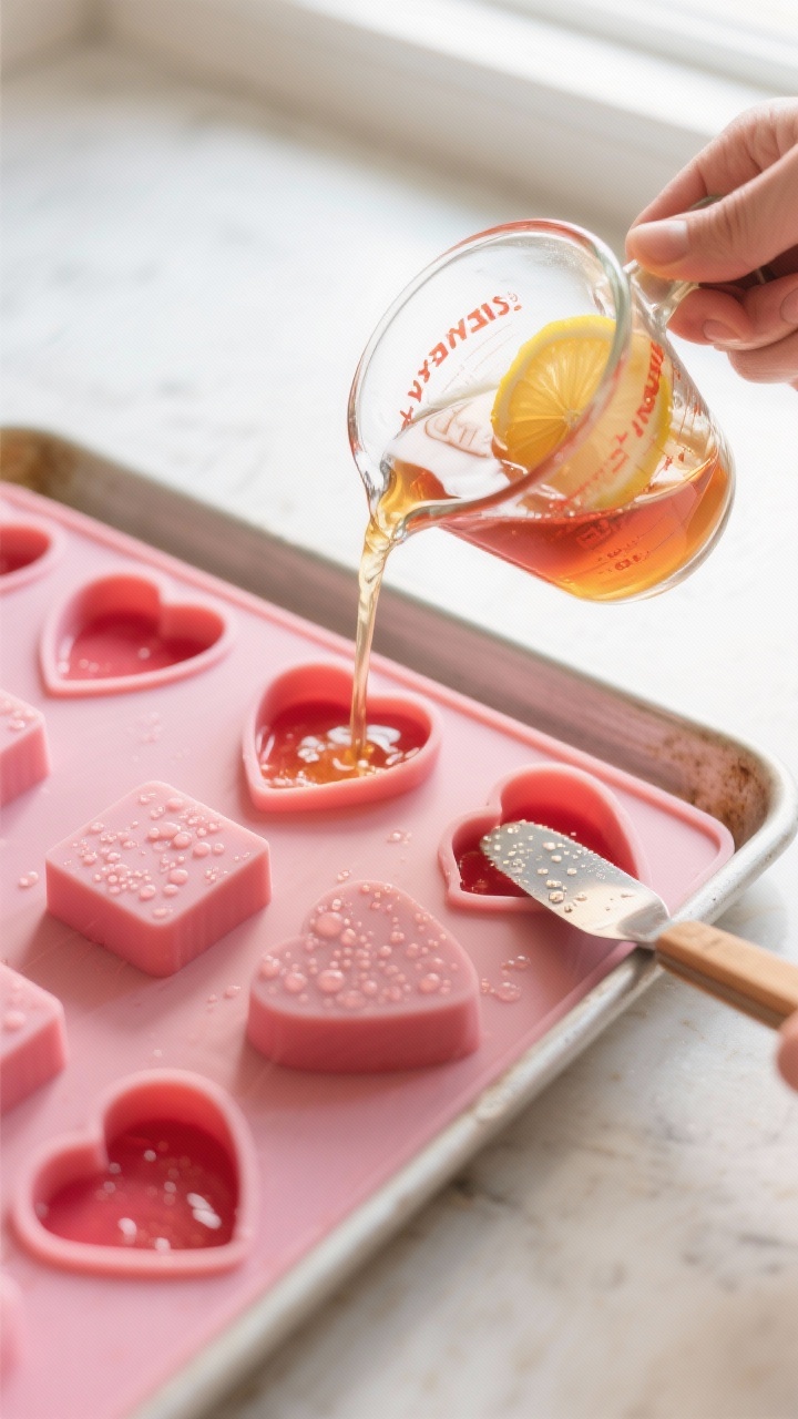 Cooking process: The warm tea-lemon-gelatin mixture being poured from a glass measuring cup into sma