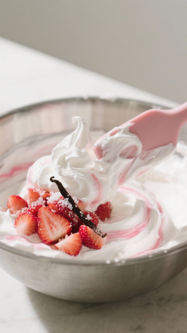 Cooking process: The whipped cream at medium peaks in a chilled stainless bowl, with vanilla and pow