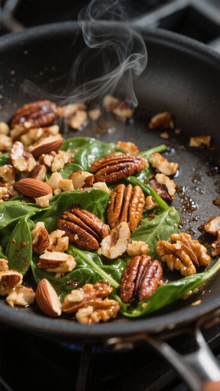 Cooking process: Toasted nut medley for baby spinach salad being swirled in a dry skillet until glos