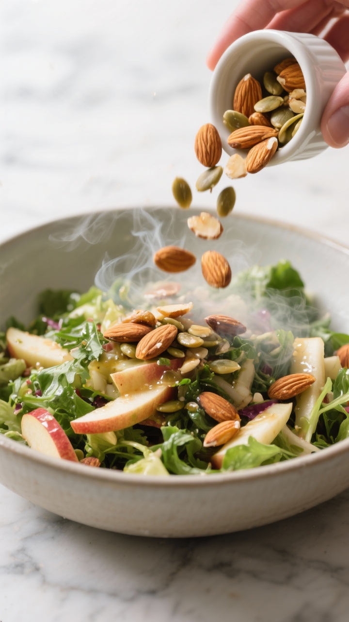 Cooking process: Toasted nuts being added to the dressed salad at the last moment—warm, golden-bro
