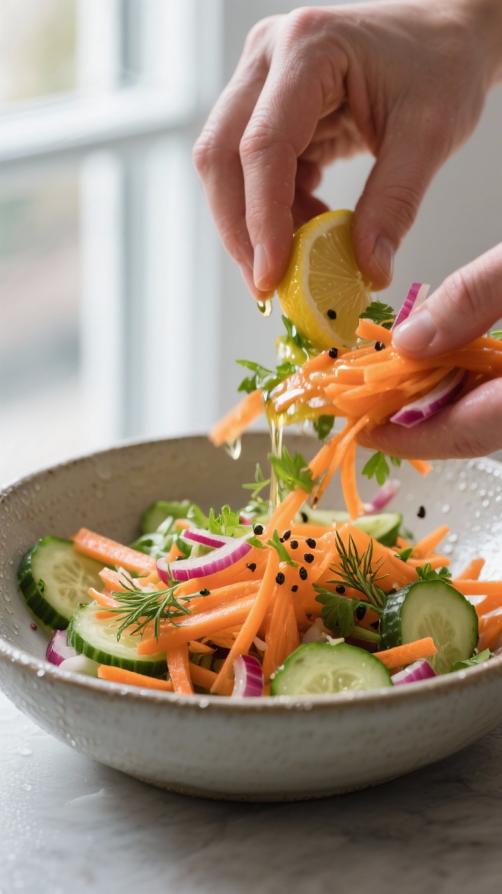 Cooking process – Tossing the salad: A wide, close-up shot of julienned carrots and thin half-moon
