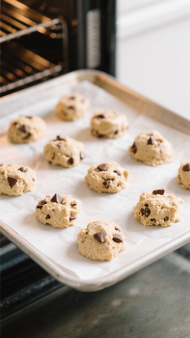 Cooking process: Tray of oat flour chocolate chip cookie dough scoops on parchment-lined baking shee