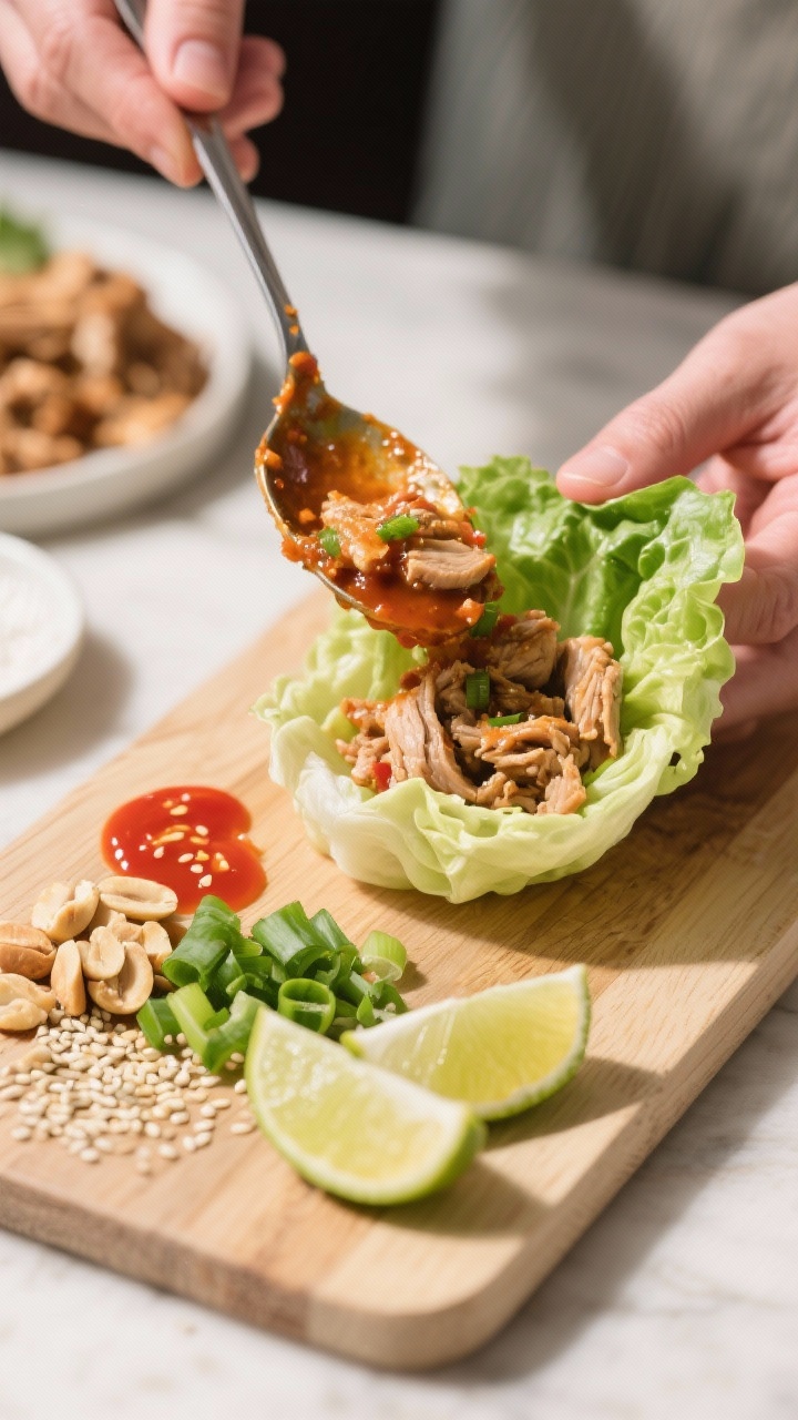 Cooking process: Turkey lettuce wraps being assembled on a board—warm, saucy turkey spooned into c