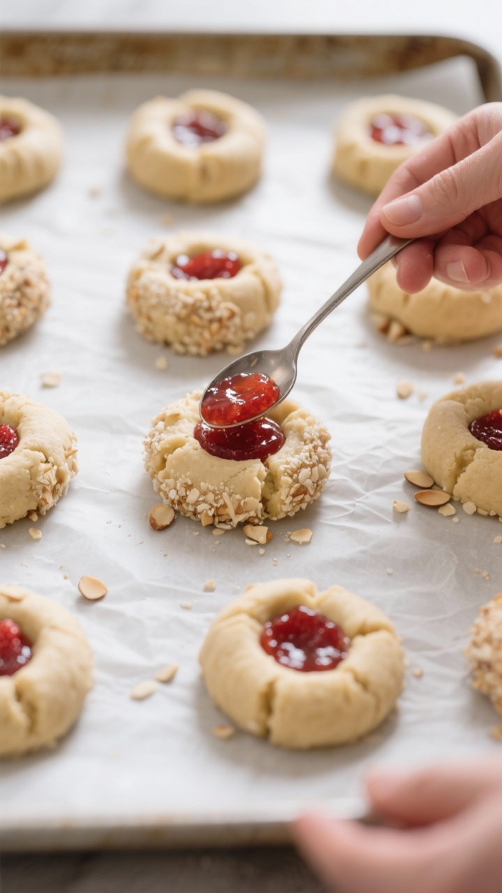 Cooking process: Unbaked thumbprint cookie dough balls on a parchment-lined baking sheet with shallo