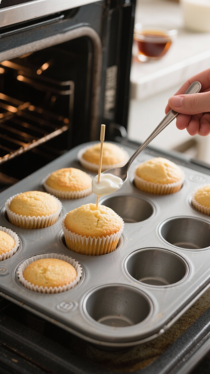 Cooking process: Vanilla cupcakes made with allulose and a spoonful of Greek yogurt being tested for