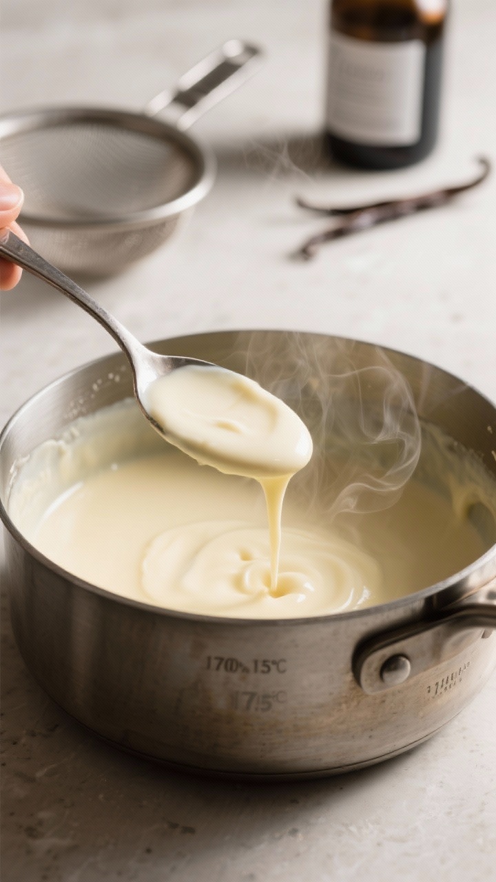 Cooking process: Vanilla custard base being tempered and thickened—silky custard coating the back 