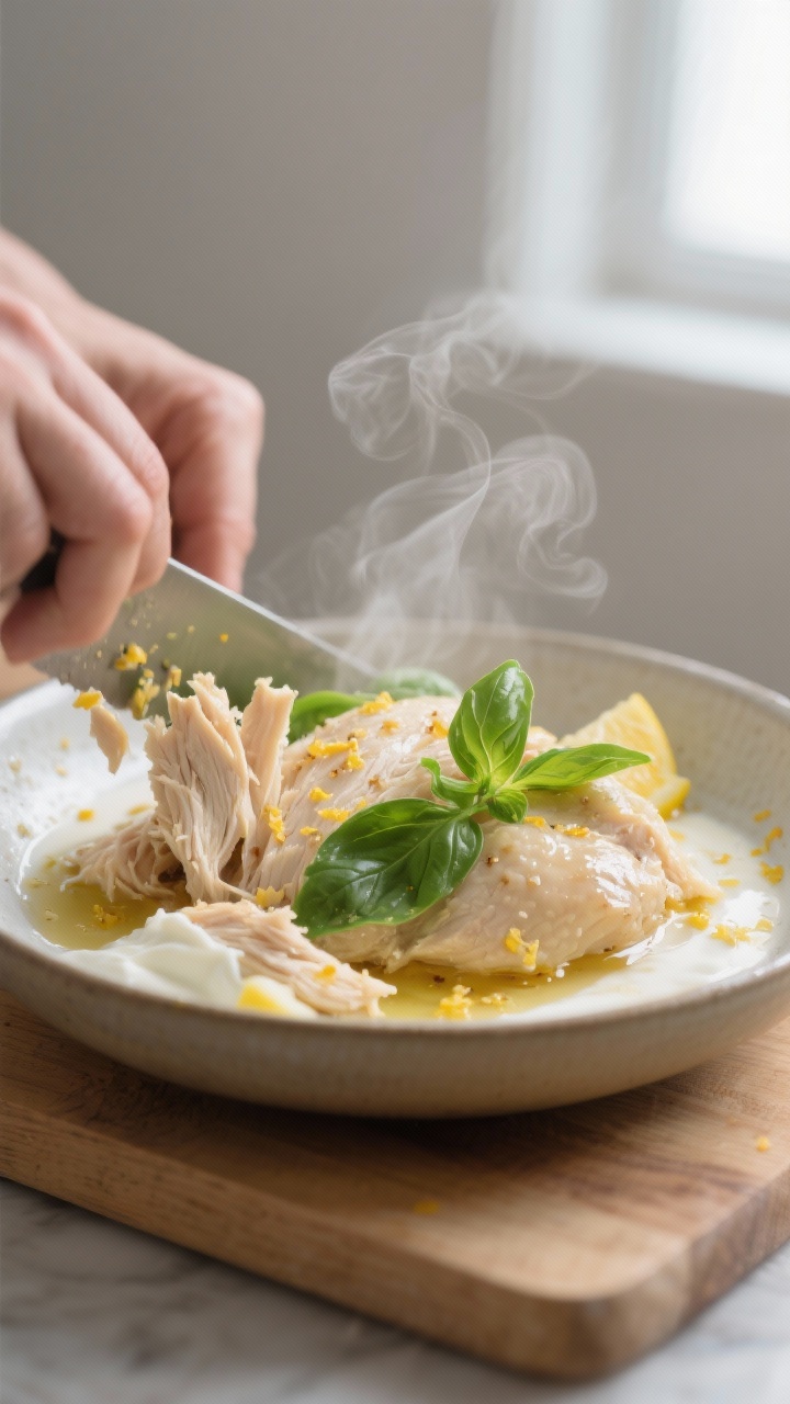 Cooking process: Warm, freshly poached chicken being gently shredded on a cutting board and tossed i