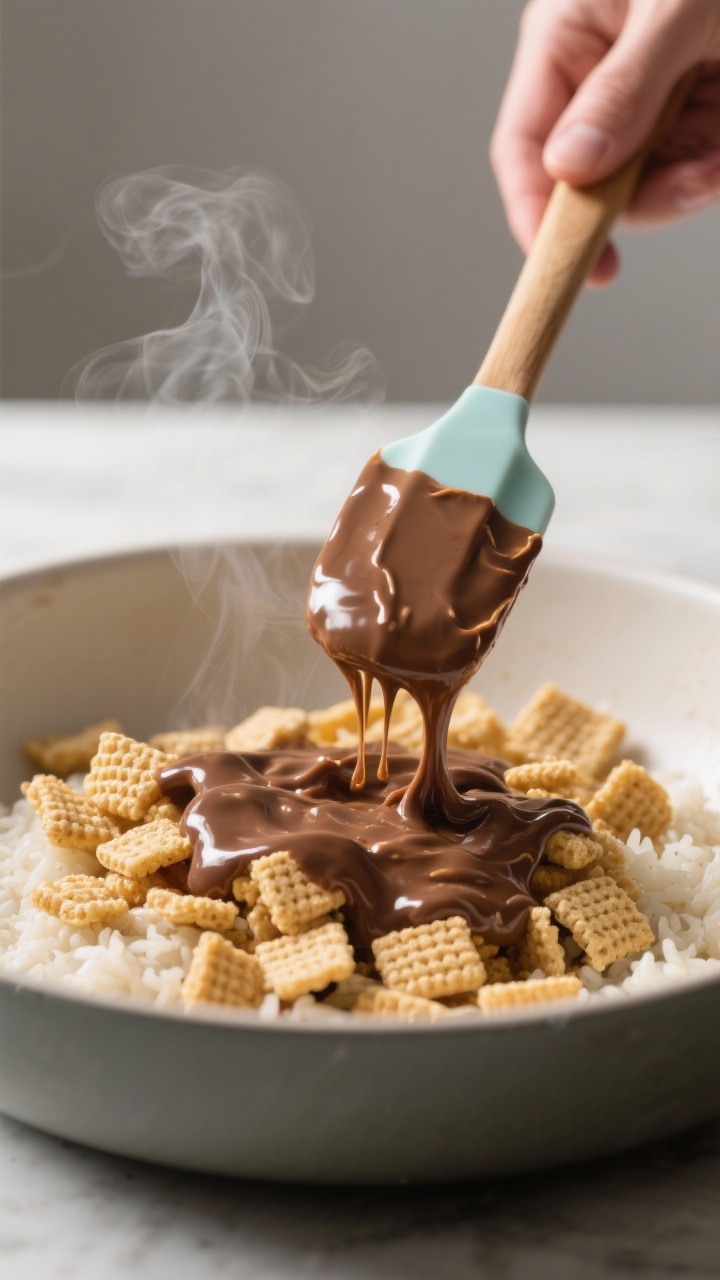 Cooking process: Warm, glossy chocolate–peanut butter–butter mixture being folded over rice/corn