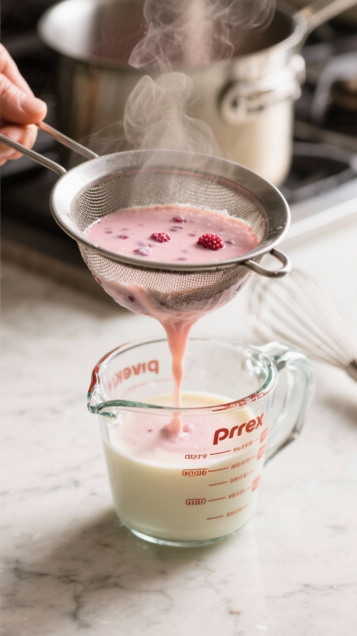 Cooking process: Warm raspberry-vanilla panna cotta base being strained through a fine mesh sieve in