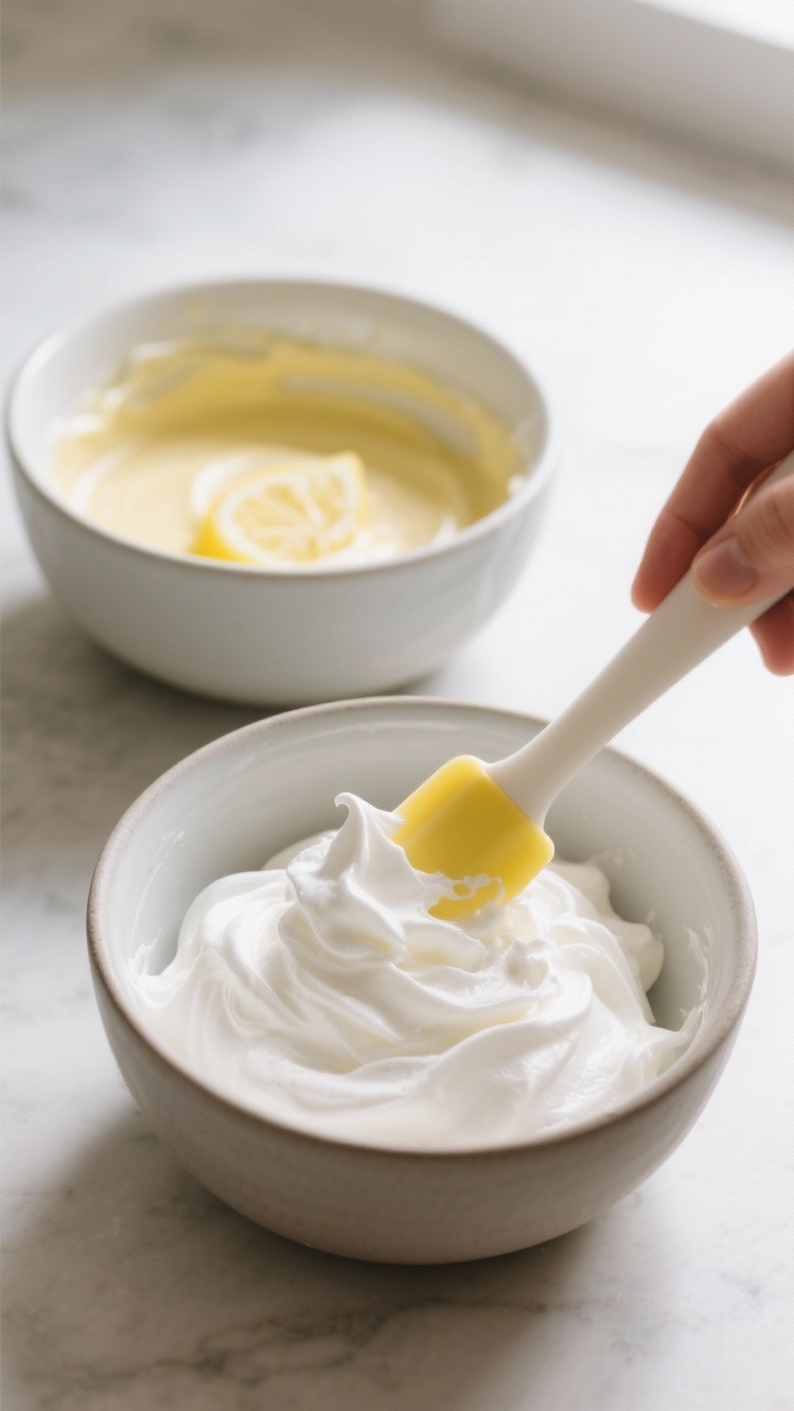 Cooking process: Whipped cream at medium-stiff peaks being gently folded into the lemon-cream cheese