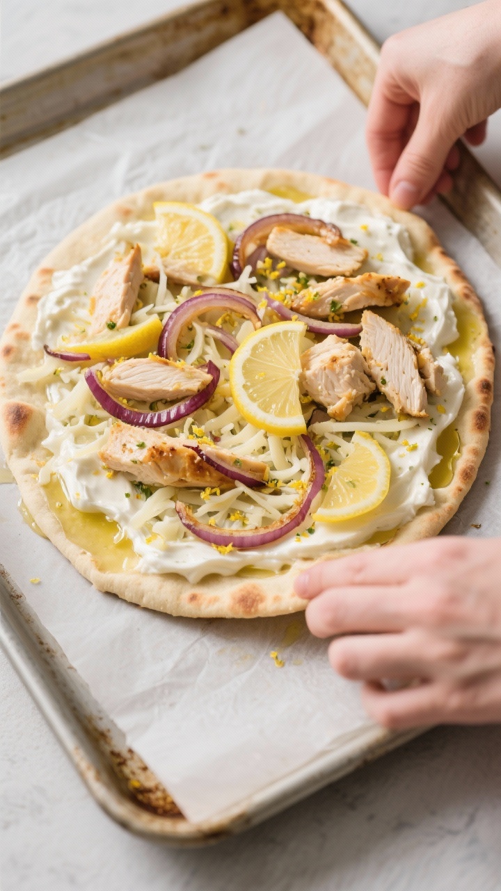 Cooking process: Zesty Chicken Onion Flatbread being assembled on a parchment-lined baking sheet—n