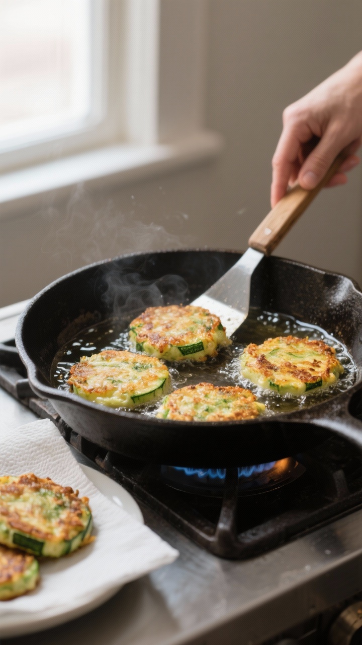 Cooking process: Zucchini fritters frying in a cast-iron skillet over medium heat, patties about 1/2
