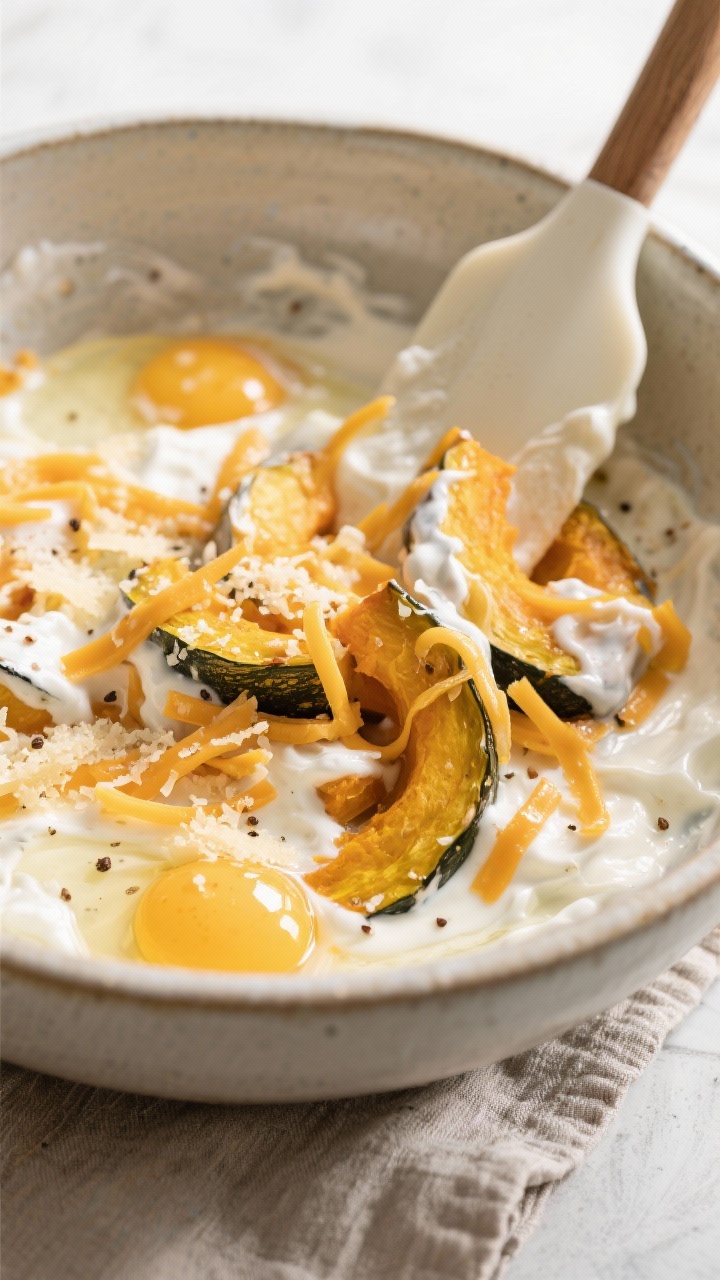 Creamy mixing bowl moment: Warm cooked squash being folded into a rich mixture of sour cream, beaten
