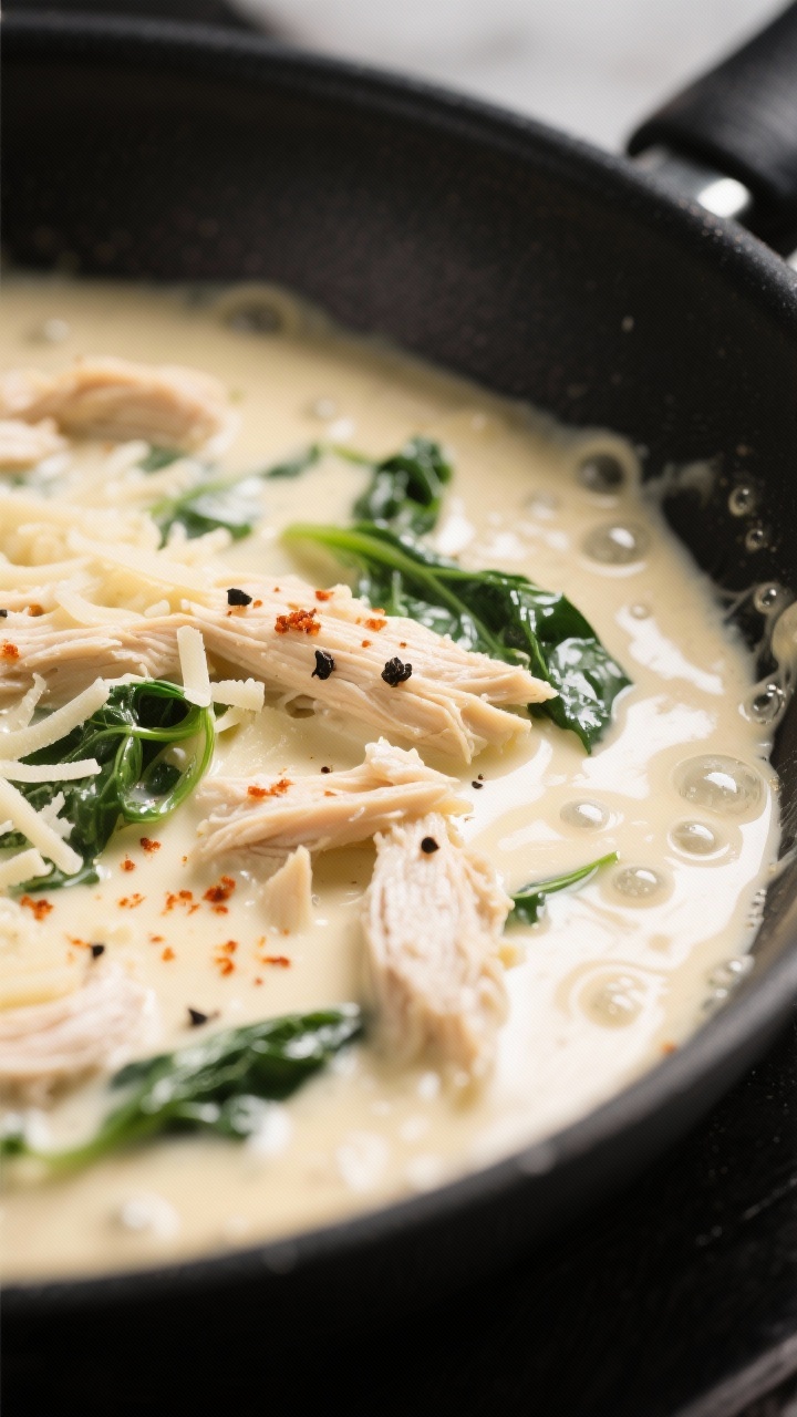 Creamy sauce detail: Tight macro of the velvety keto cream sauce in the pan just after melting in cr
