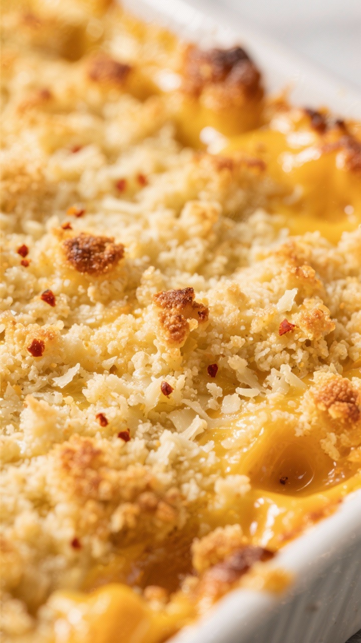 Crunchy topping detail: Extreme close-up of the golden baked surface of the casserole — buttery pa