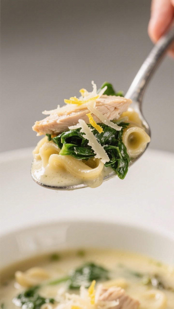 Detail macro: Lush, silky spoonful of Chicken Florentine Soup lifted above the bowl showing glossy c
