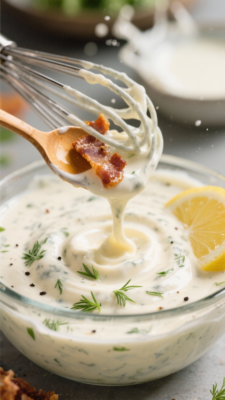 Dressing close-up detail: Thick, creamy ranch dressing being whisked in a glass bowl—half mayo, ha