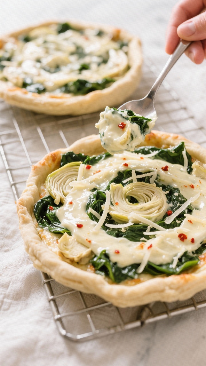 Filling action shot: Spoon mounding creamy spinach–artichoke mixture into the par-baked crusts, gl