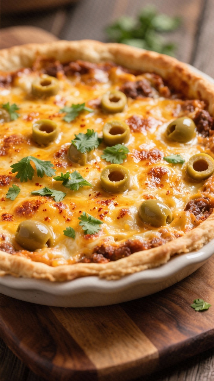 Final bake beauty shot: Keto Taco Pie just out of the oven, golden top with melted, lightly blistere