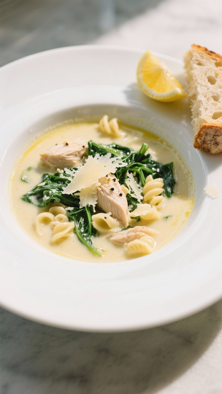 Final bowl presentation: Creamy Chicken Florentine Soup ladled into a wide white bowl—tender chick