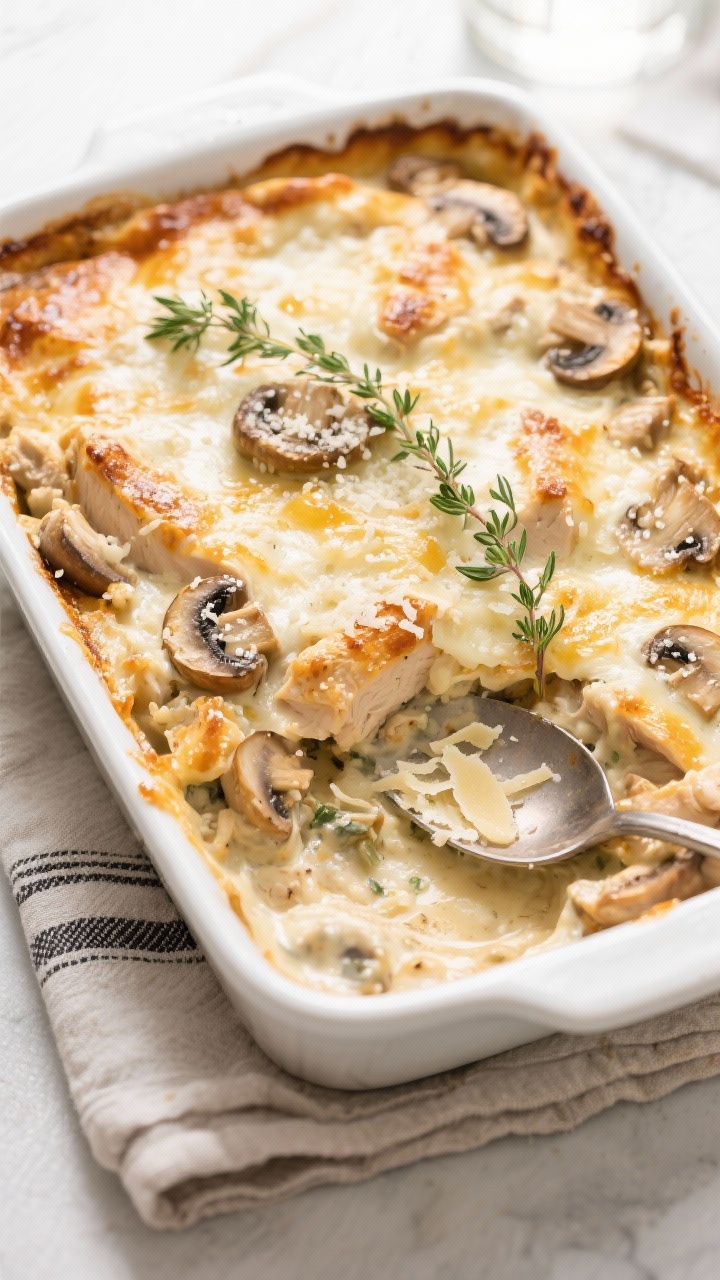 Final casserole top view: Overhead shot of the baked Keto Chicken Mushroom Casserole in a 9x13 white
