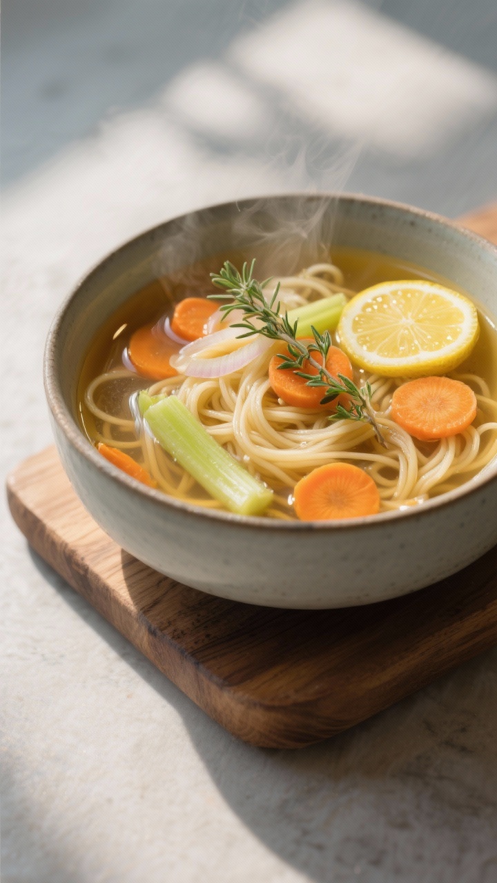Final dish application: Steaming bowl of vegetable noodle soup made with the broth substitute—thin