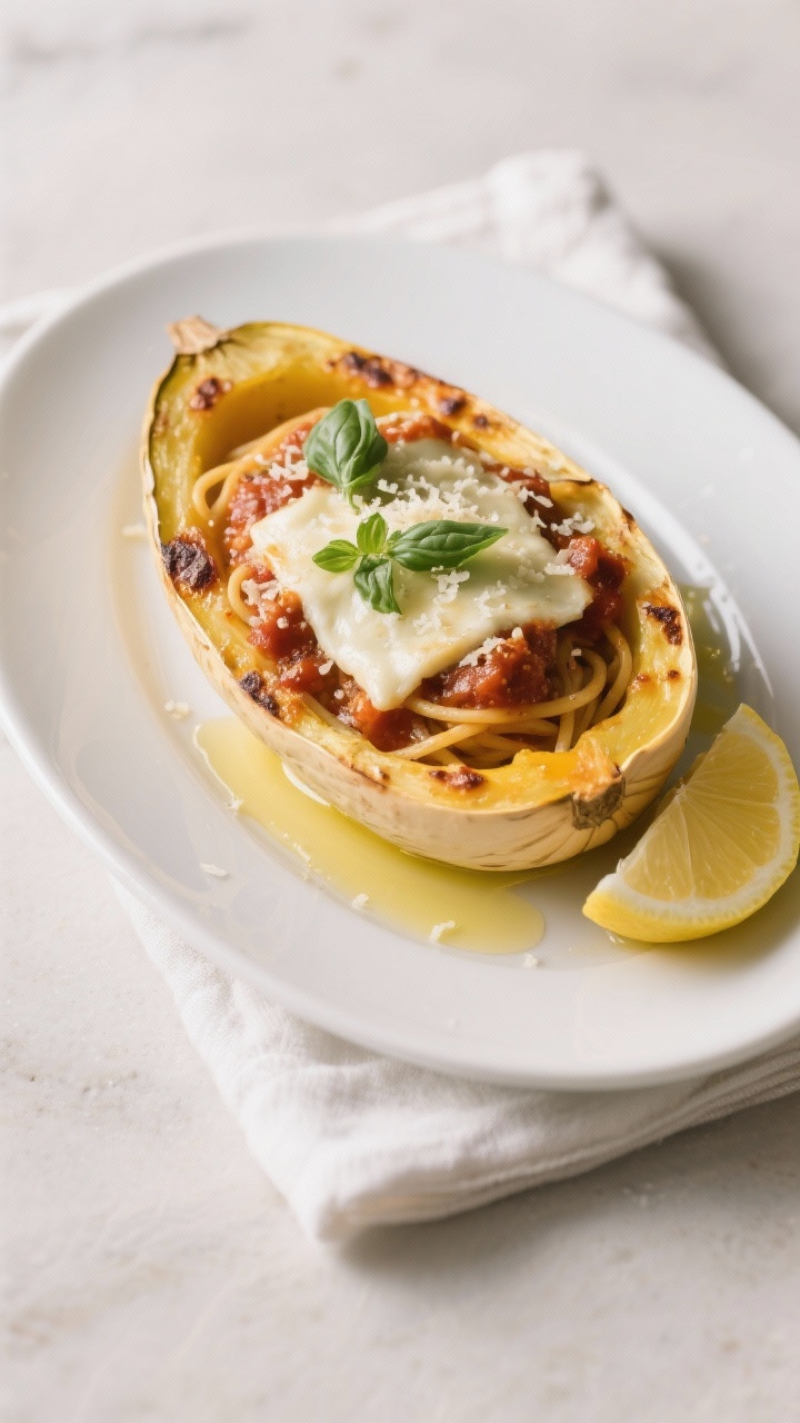 Final dish: Beautifully plated spaghetti squash “boats” stuffed with warm marinara and melted mo