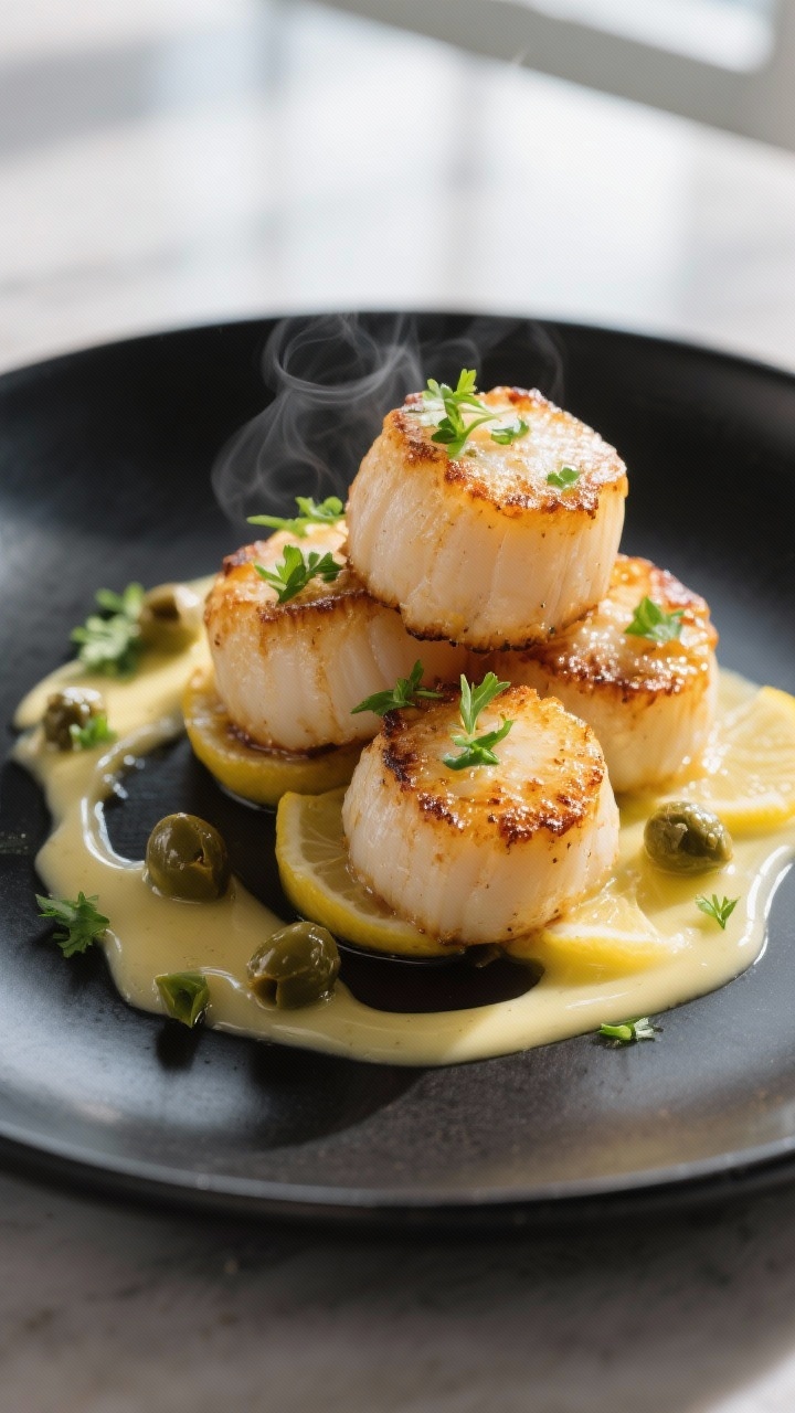 Final dish beauty: Restaurant-quality presentation of broiled scallops stacked in a slight offset on