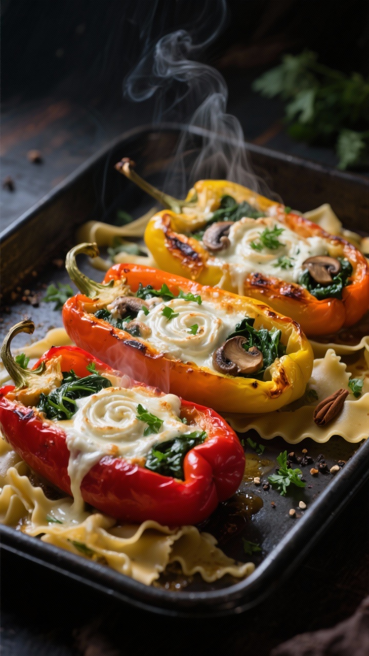 Final dish beauty: Three-color medley of roasted red, yellow, and orange stuffed peppers arranged on