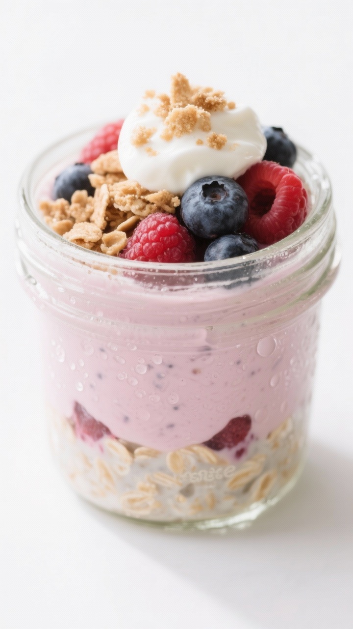 Final dish: Berry “cheesecake” blended overnight oats styled in a clear jar to show layers—pal