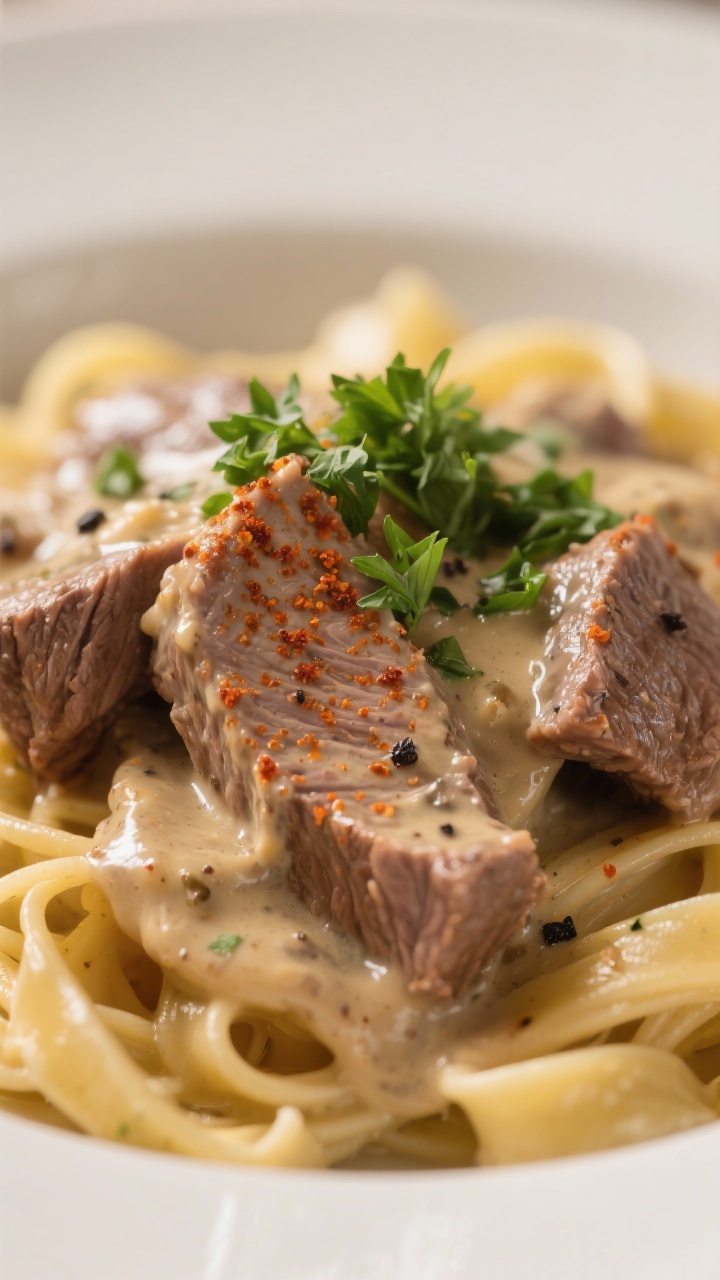 Final dish — Close-up detail: Lamb stroganoff in a creamy, velvety sauce with Dijon and sour cream