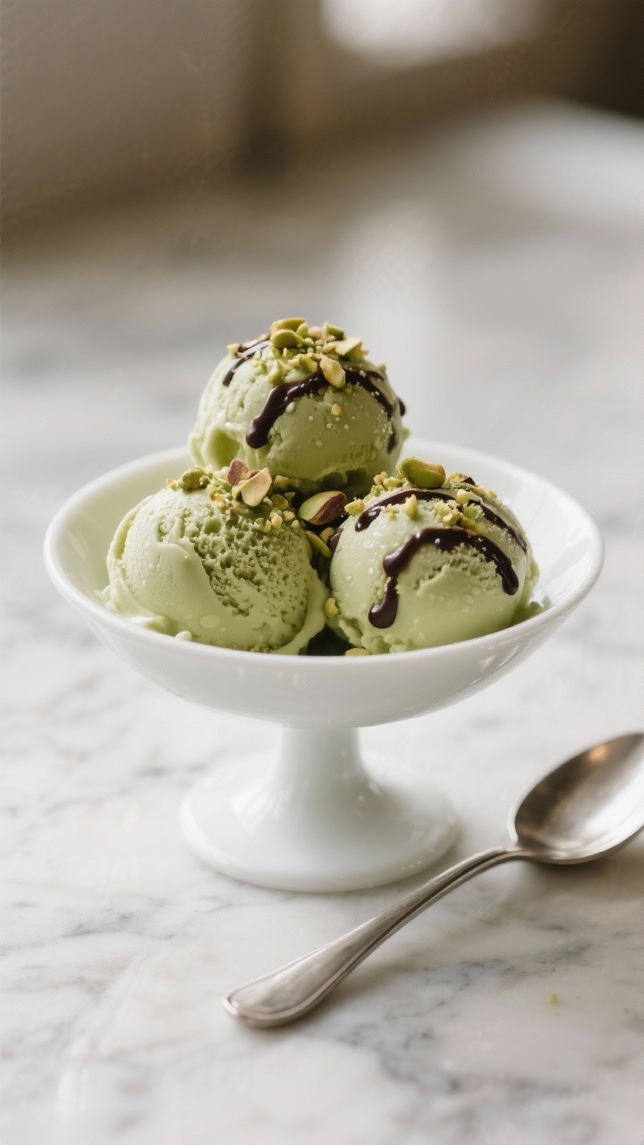 Final dish — elegant scoops: Beautifully plated triple scoop of pistachio ice cream in a chilled w