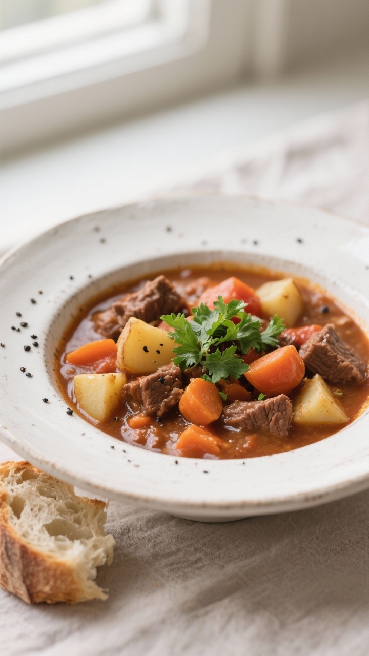 Final dish — Hearty bowl presentation: Beautifully plated Poor Man’s Stew ladled into a wide, ru