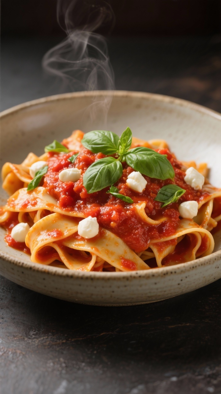 Final dish hero: Restaurant-quality tomato-basil keto pasta presentation—wide pappardelle-style ri