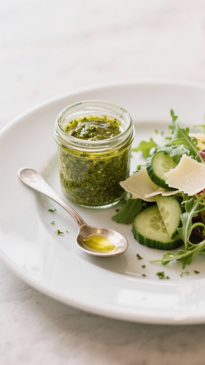Final dish — jar and serving scene: Restaurant-quality presentation of a small glass jar of pesto 