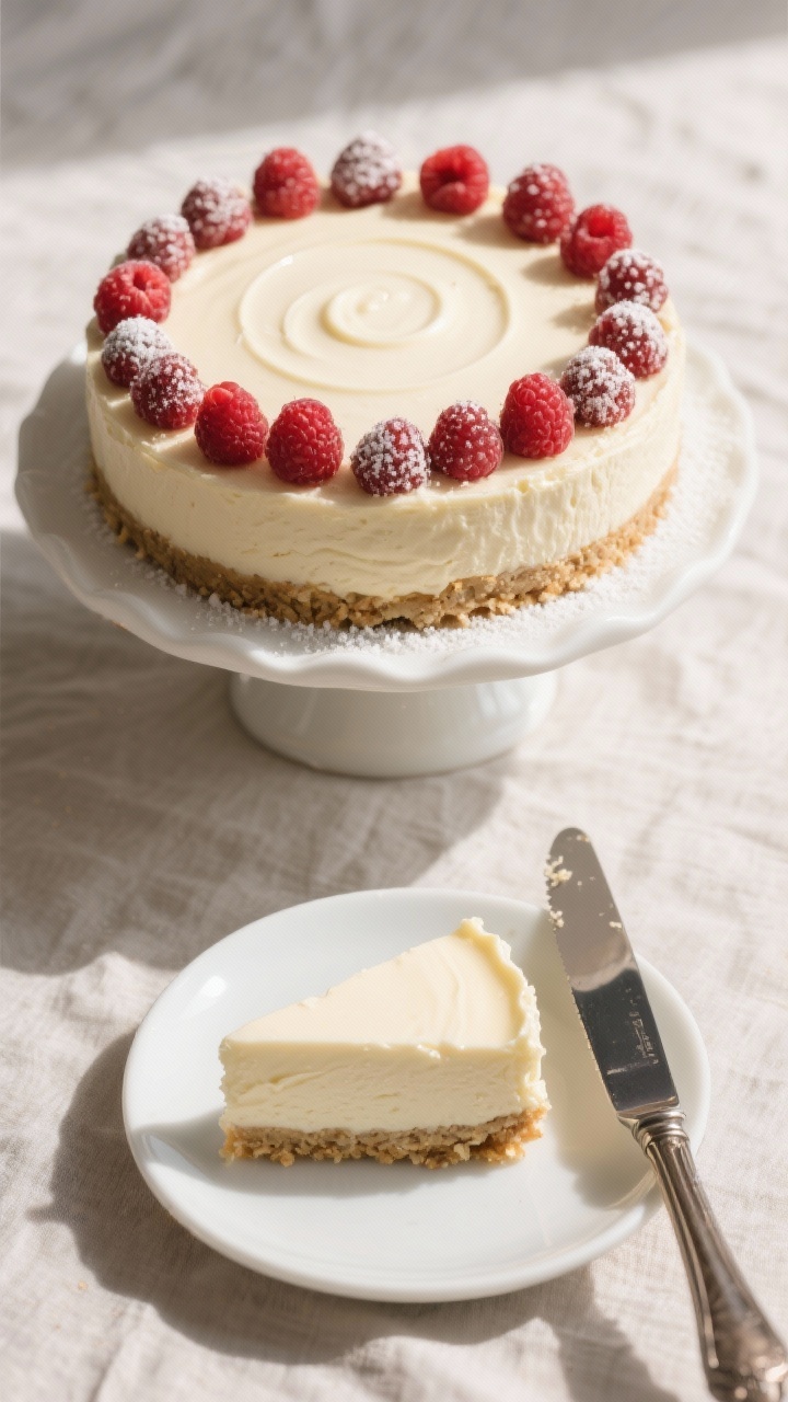 Final dish overhead: Keto no bake cheesecake fully set and unmolded on a white ceramic cake stand, t