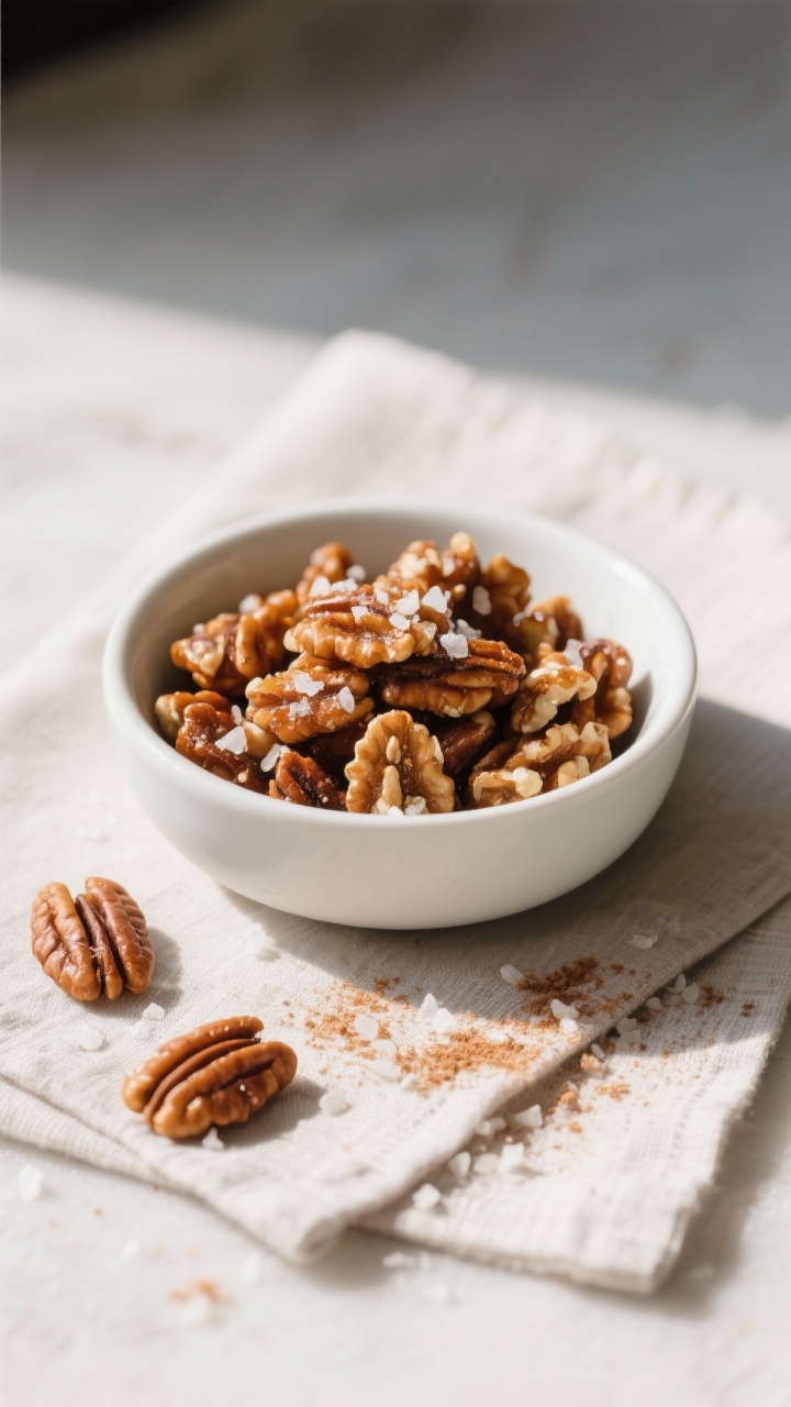 Final dish overhead: Restaurant-style top-down presentation of keto candied walnuts in a low, matte 