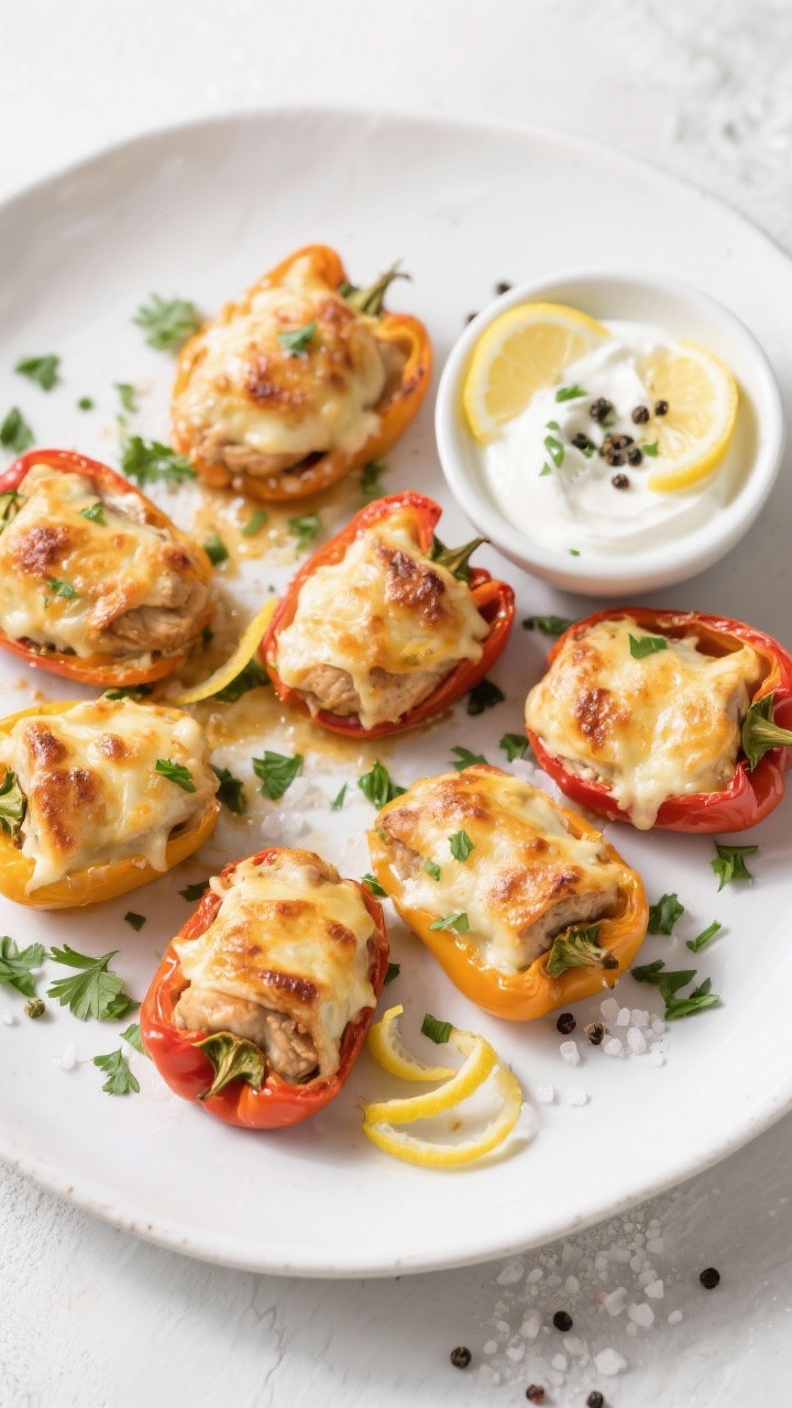 Final dish, overhead: Top-down shot of baked mini chicken stuffed peppers arranged loosely on a whit
