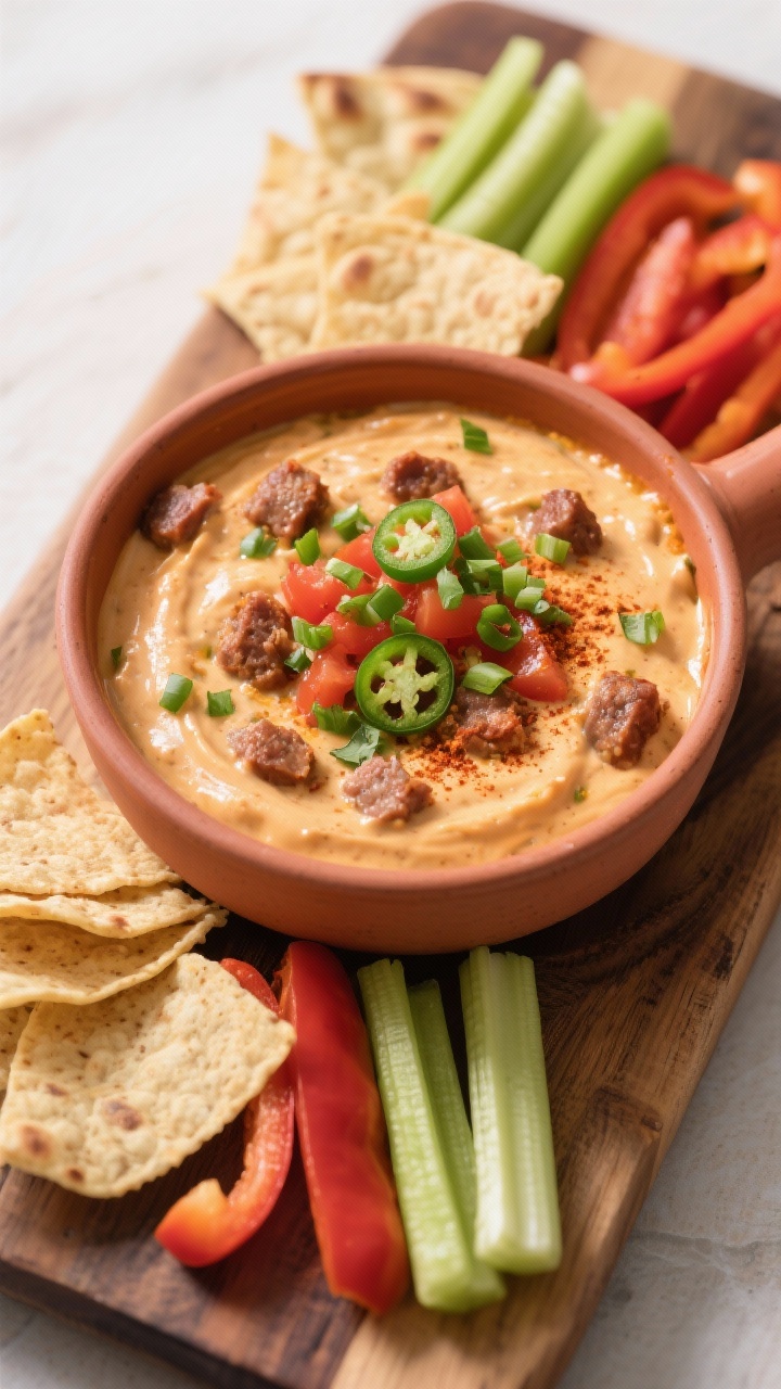 Final dish, party-ready: Beautifully plated sausage dip in a warm, matte ceramic bowl, ultra-creamy 