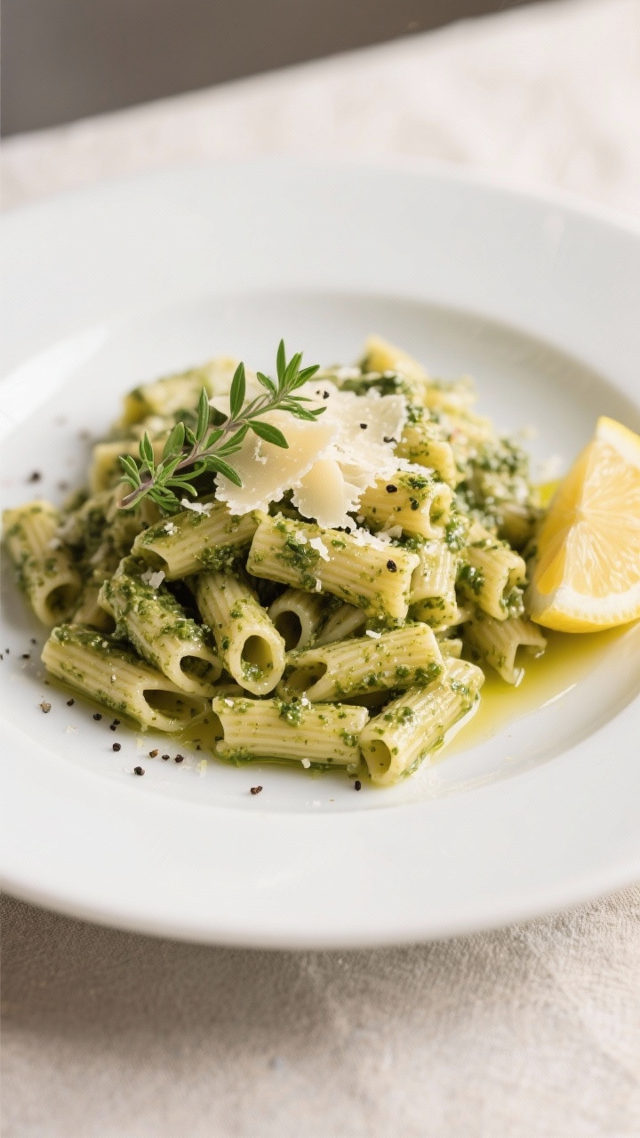 Final dish — Pasta with oregano pesto: Beautifully plated gemelli tossed in oregano-parsley pesto