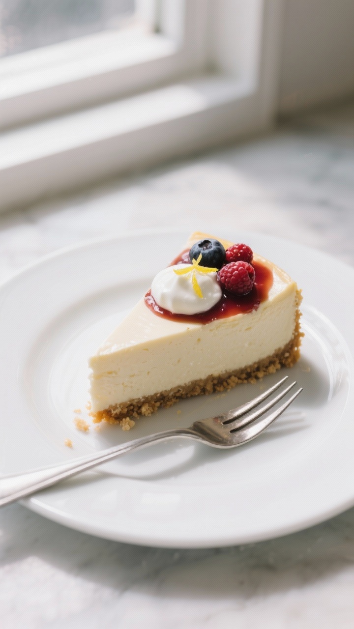 Final dish plated: A pristine slice of protein cheesecake on a white ceramic plate, ultra-smooth sid