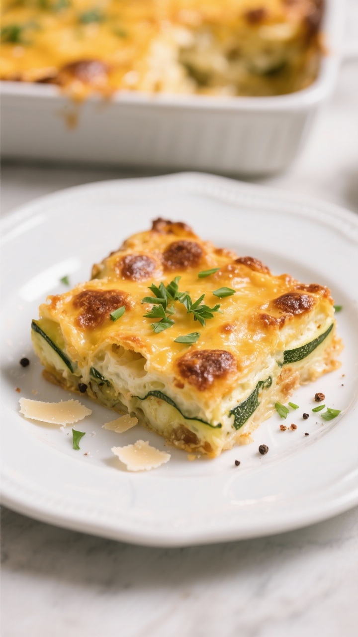 Final dish plated – golden baked perfection: Restaurant-quality plated serving of Keto Zucchini Ca