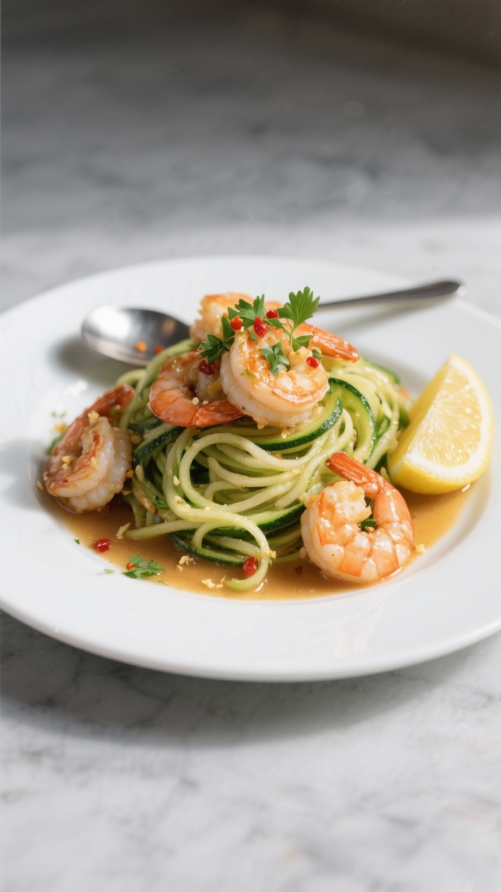 Final dish — Plated over zucchini noodles: Restaurant-quality presentation of keto shrimp piled ov